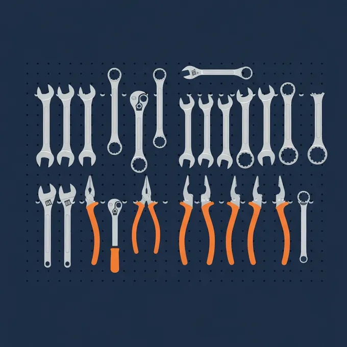 Illustration of neatly organized mechanic tools on a pegboard