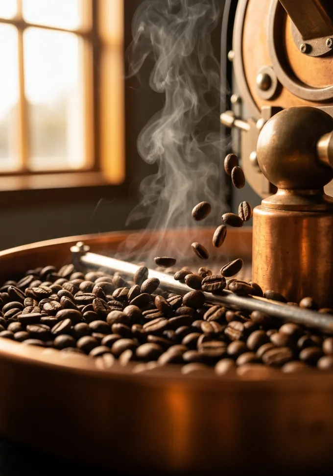 Close-up of freshly roasted coffee beans in a copper drum roaster