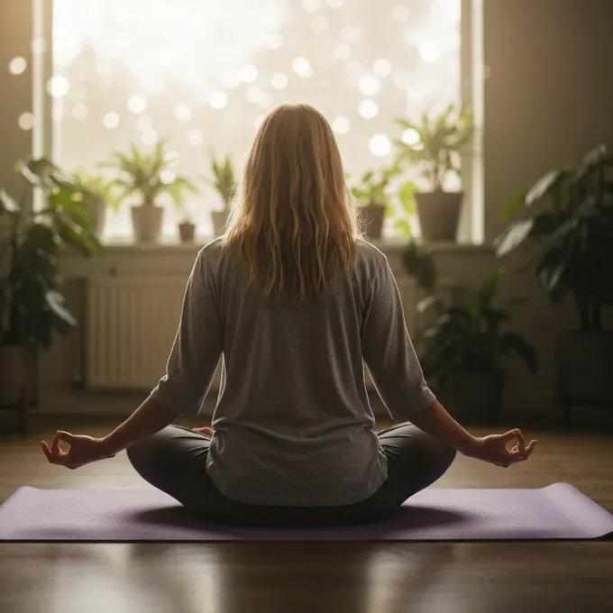 Person meditating on a yoga mat in soft morning light