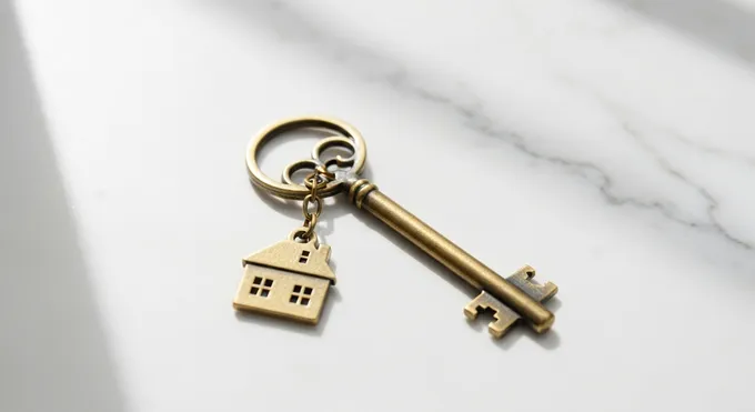 Brass house key with house-shaped keychain on marble surface